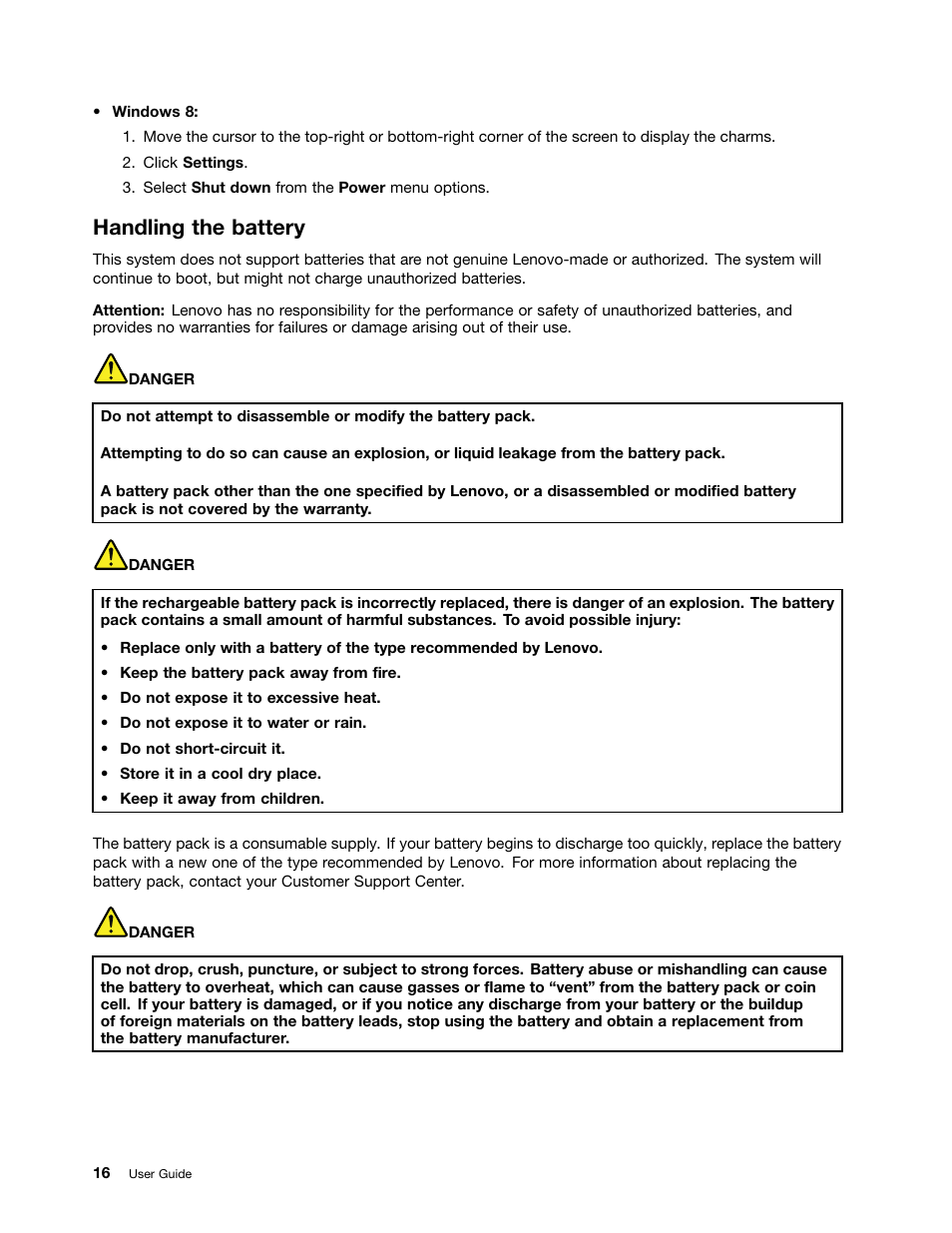 Handling the battery | Lenovo K4350 Notebook User Manual | Page 30 / 62