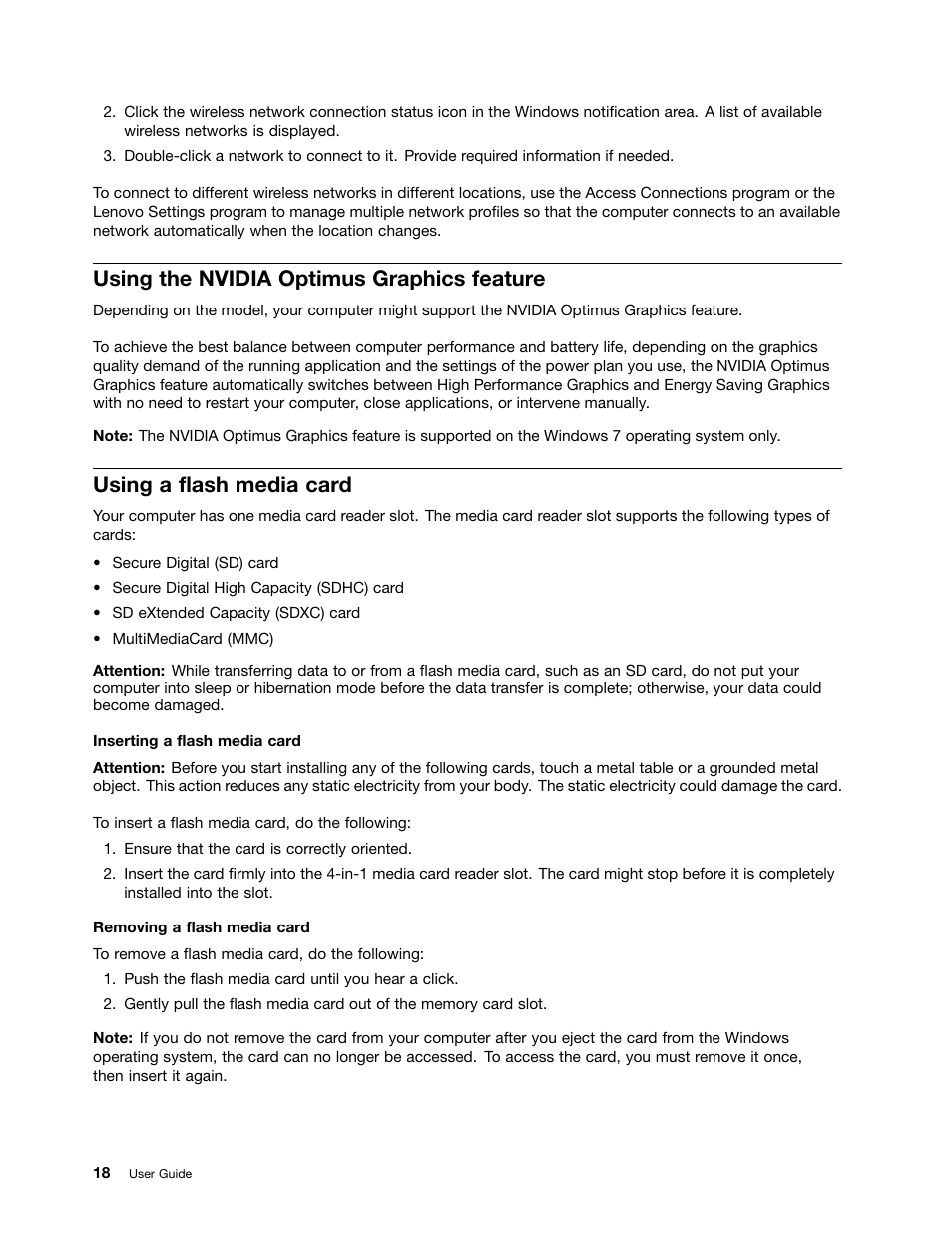 Using the nvidia optimus graphics feature, Using a flash media card | Lenovo K4350 Notebook User Manual | Page 32 / 62