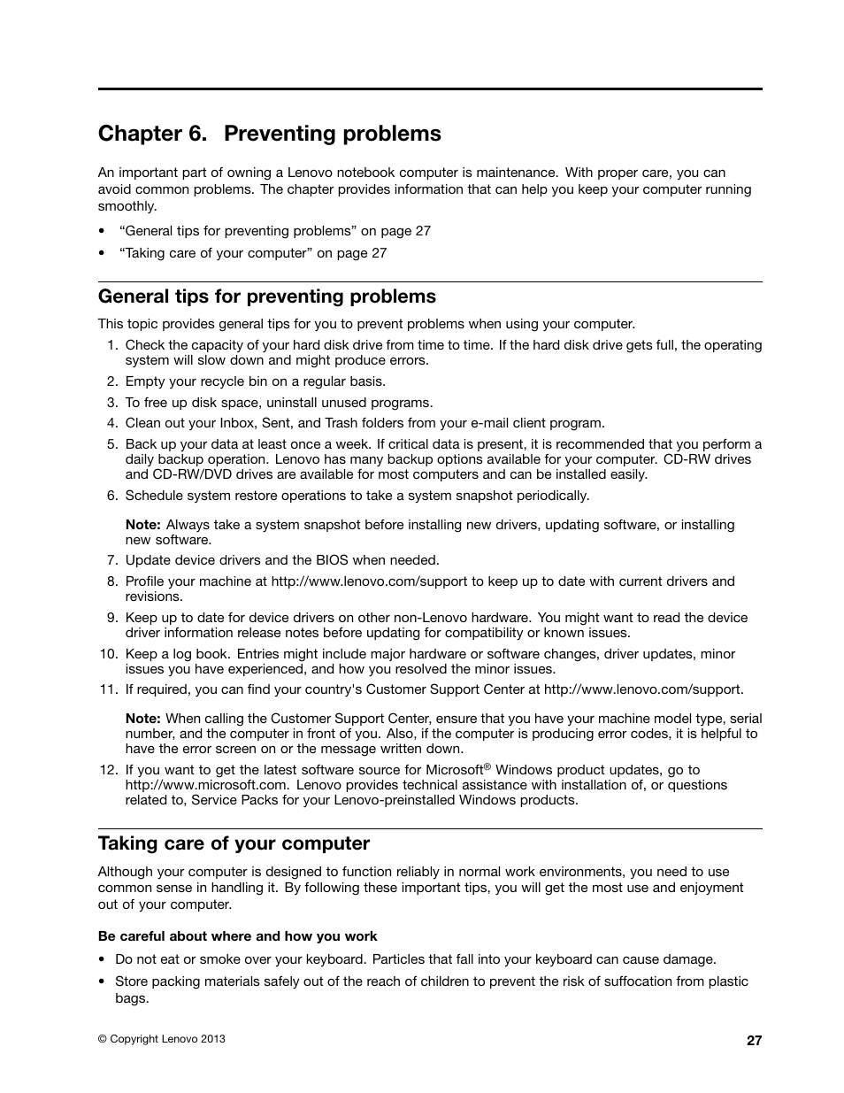 Chapter 6. preventing problems, General tips for preventing problems, Taking care of your computer | Lenovo K4350 Notebook User Manual | Page 41 / 62