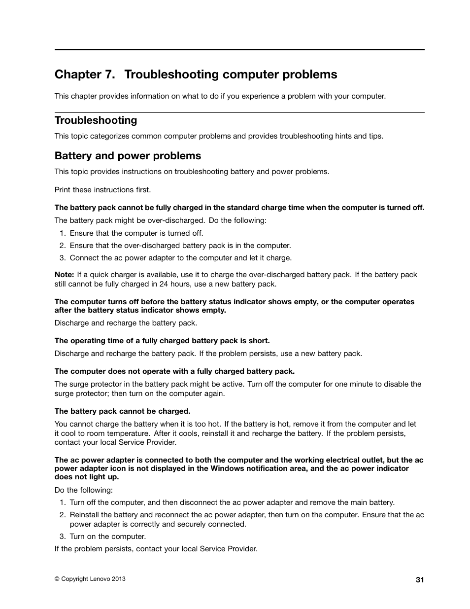 Chapter 7. troubleshooting computer problems, Troubleshooting, Battery and power problems | Lenovo K4350 Notebook User Manual | Page 45 / 62