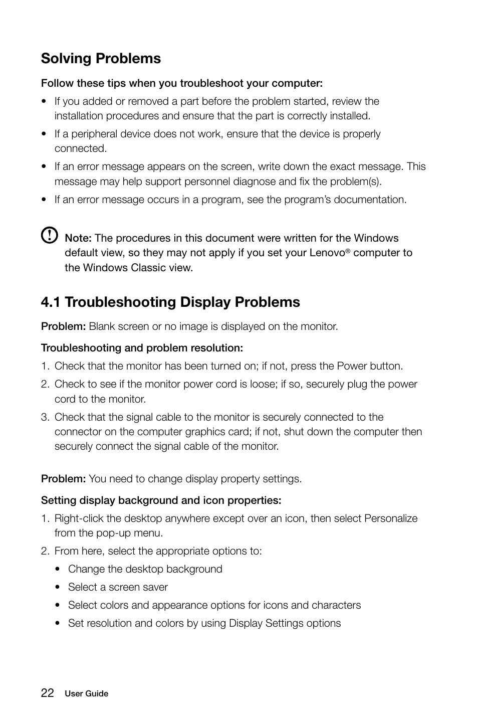 1 troubleshooting display problems, Solving problems | Lenovo H410 Desktop User Manual | Page 27 / 31