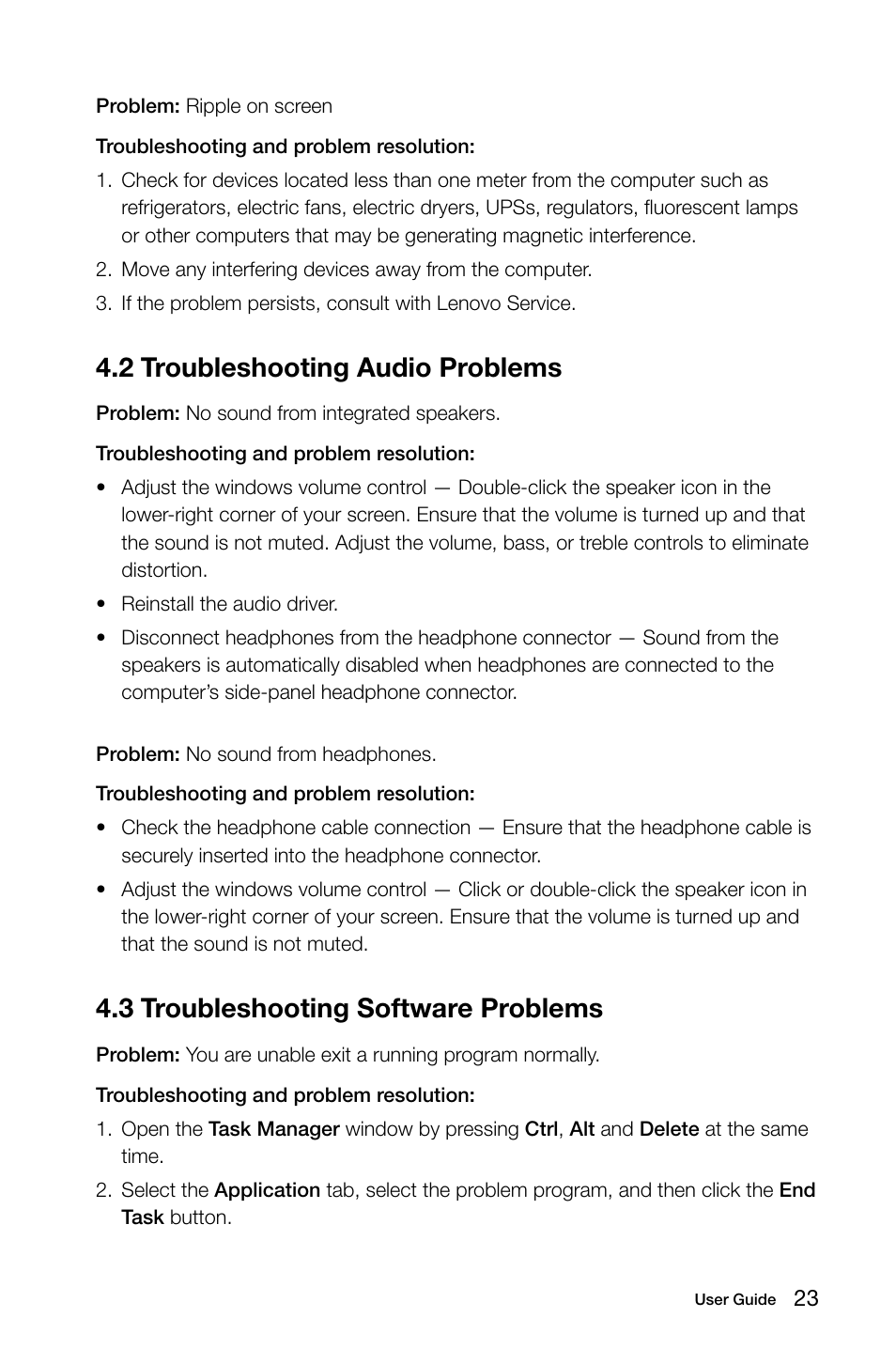 2 troubleshooting audio problems, 3 troubleshooting software problems | Lenovo H410 Desktop User Manual | Page 28 / 31