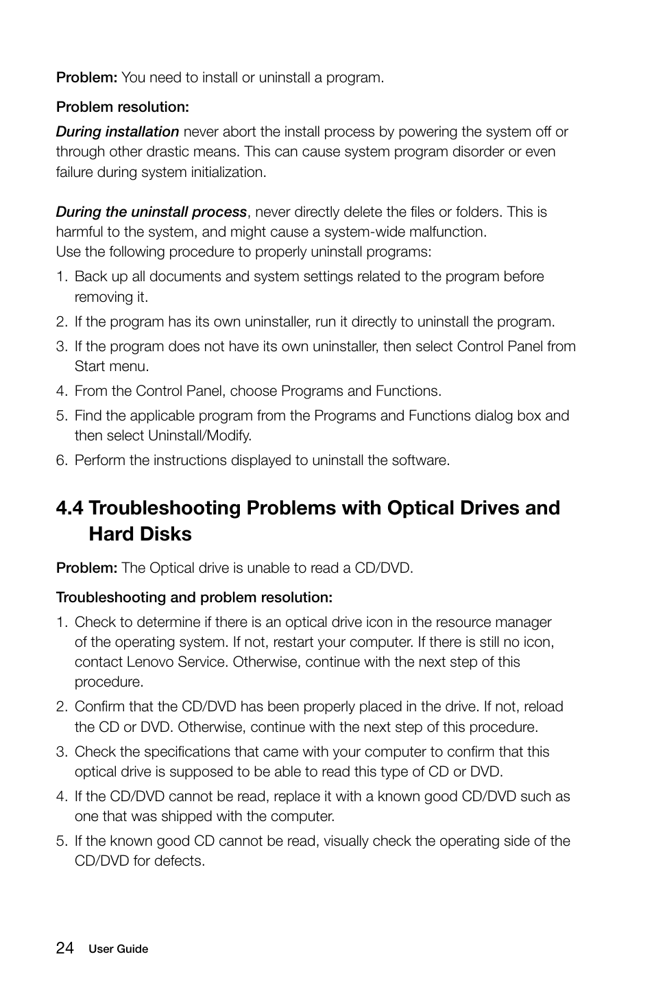 4 troubleshooting problems with optical drives and, Hard disks | Lenovo H410 Desktop User Manual | Page 29 / 31