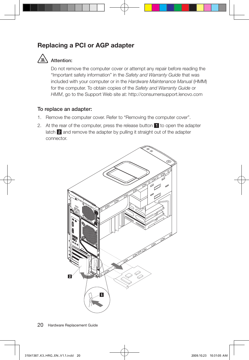 Replacing a pci or agp adapter | Lenovo IdeaCentre K305 User Manual | Page 23 / 37