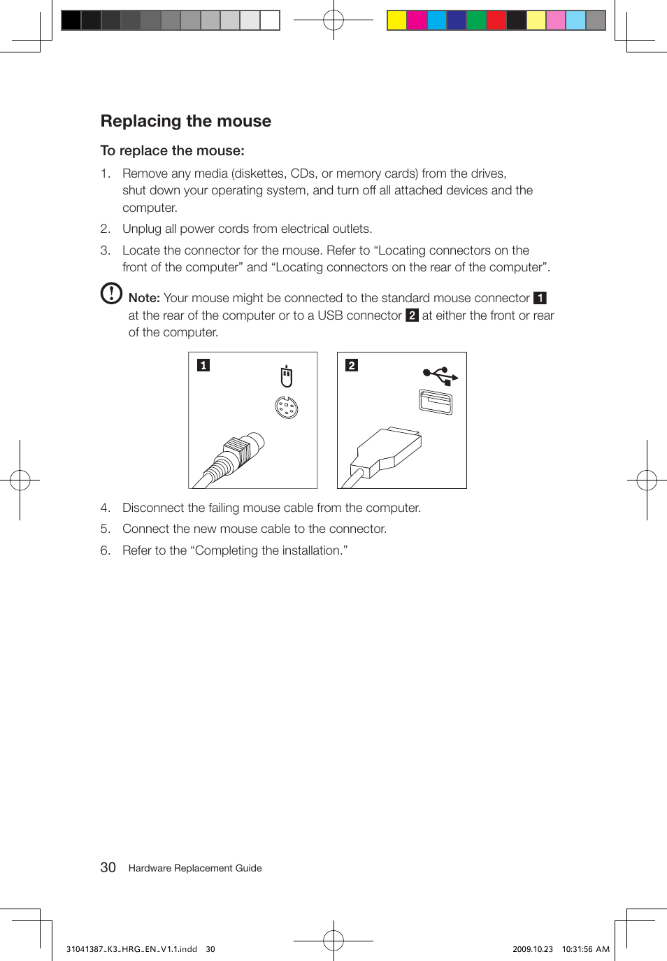 Replacing the mouse | Lenovo IdeaCentre K305 User Manual | Page 33 / 37