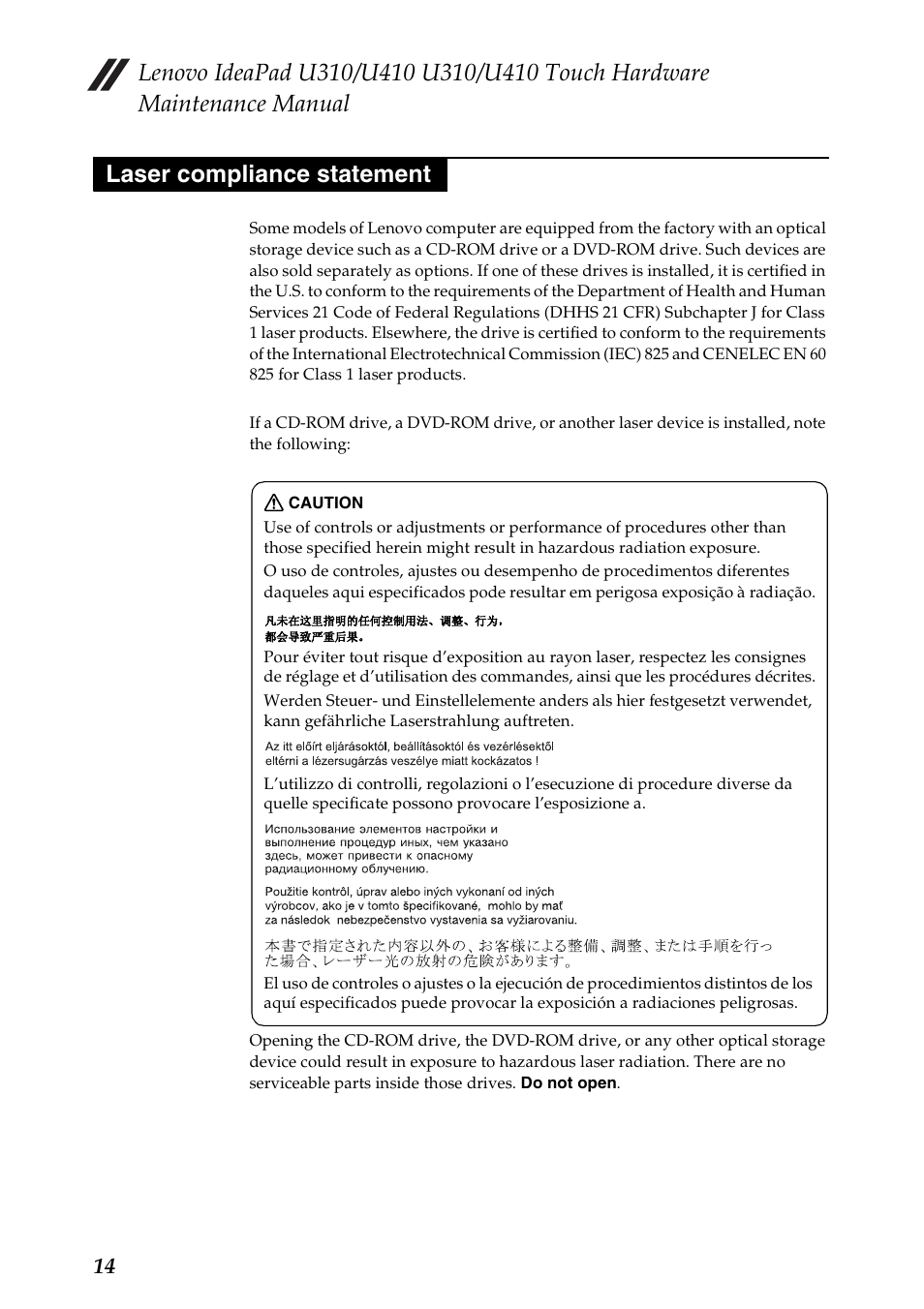 Laser compliance statement | Lenovo IdeaPad U310 User Manual | Page 18 / 115