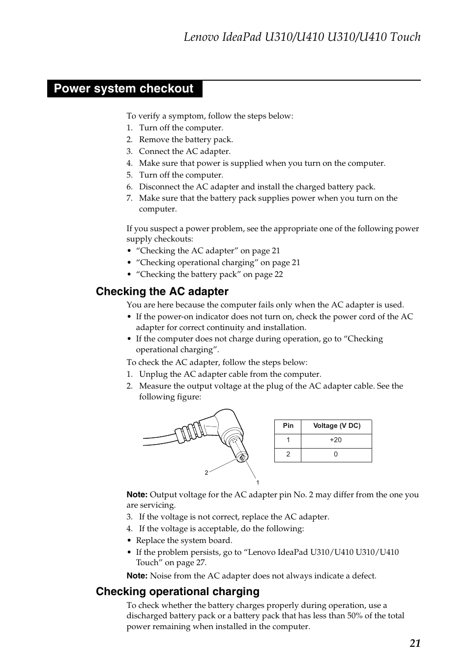 Power system checkout, Checking the ac adapter, Checking operational charging | Lenovo IdeaPad U310 User Manual | Page 25 / 115