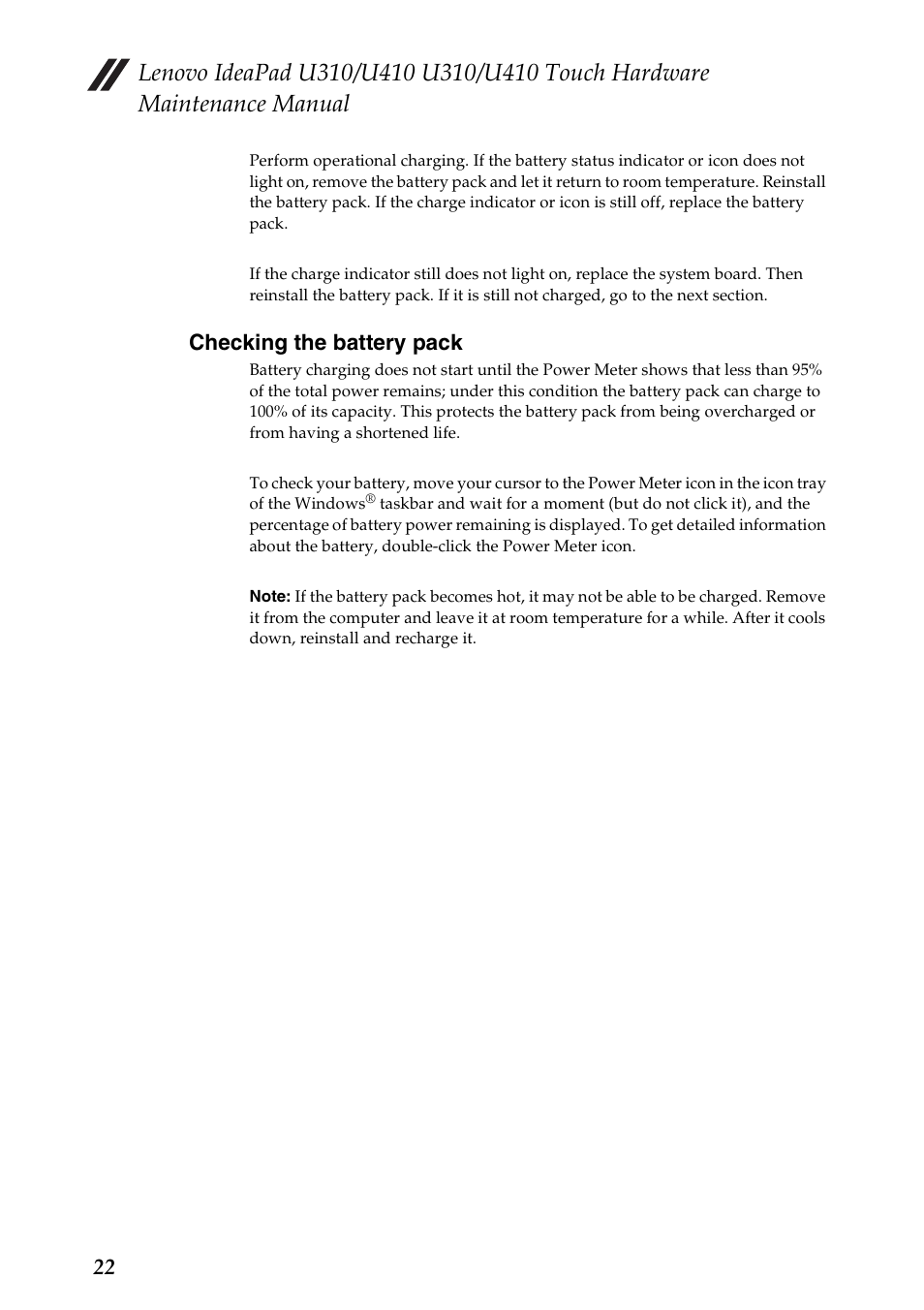 Checking the battery pack | Lenovo IdeaPad U310 User Manual | Page 26 / 115
