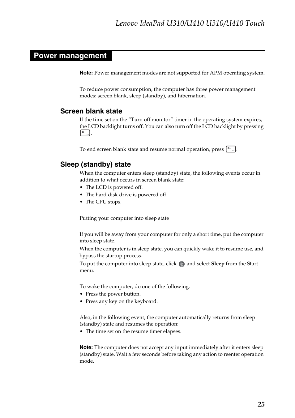 Power management, Screen blank state, Sleep (standby) state | Screen blank state sleep (standby) state | Lenovo IdeaPad U310 User Manual | Page 29 / 115