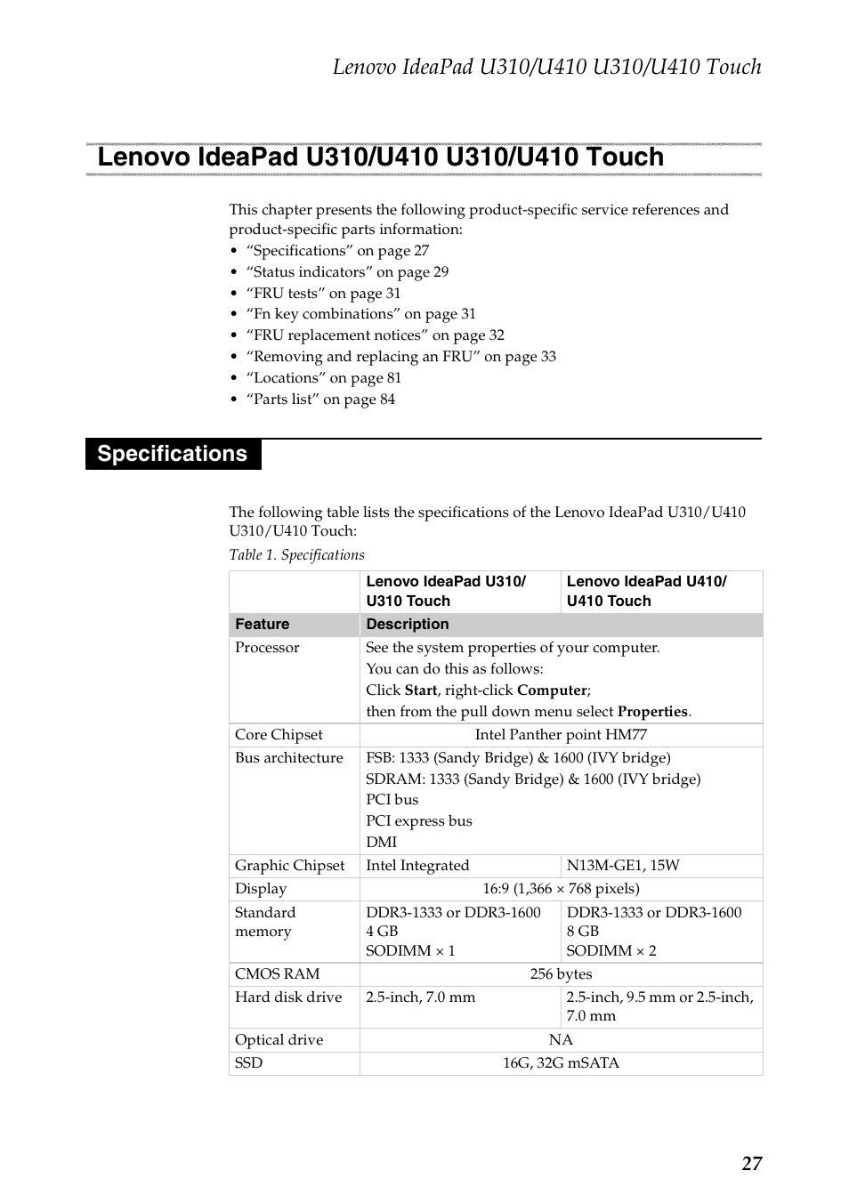 Lenovo ideapad u310/u410 u310/u410 touch, Specifications, Lenovo ideapad u310/u410 u310/u410 | Lenovo IdeaPad U310 User Manual | Page 31 / 115