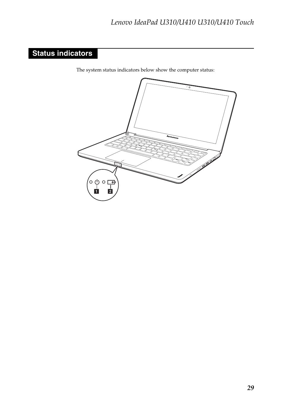 Status indicators | Lenovo IdeaPad U310 User Manual | Page 33 / 115