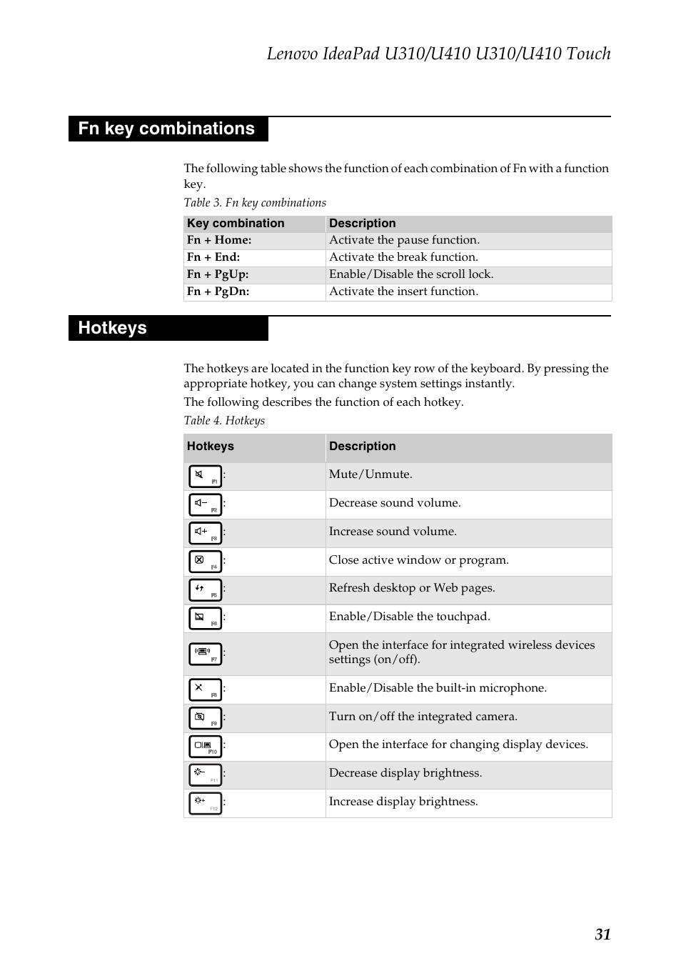 Fn key combinations, Hotkeys, Fn key combinations hotkeys | Lenovo IdeaPad U310 User Manual | Page 35 / 115