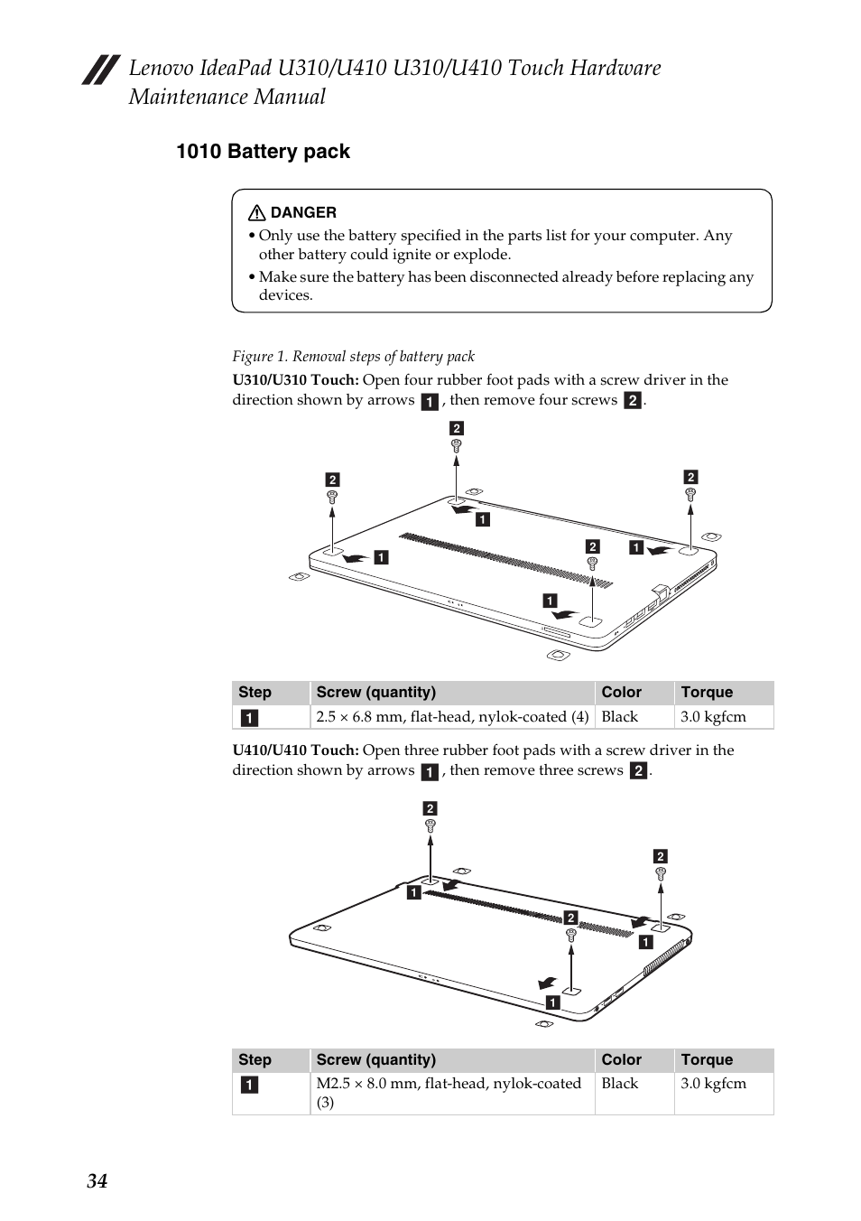 1010 battery pack | Lenovo IdeaPad U310 User Manual | Page 38 / 115