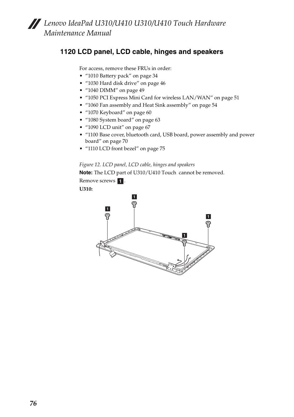 1120 lcd panel, lcd cable, hinges and speakers | Lenovo IdeaPad U310 User Manual | Page 80 / 115