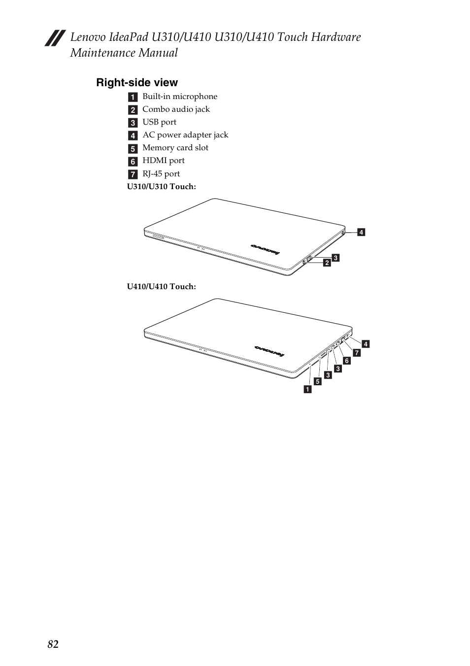 Right-side view, 82 right-side view | Lenovo IdeaPad U310 User Manual | Page 86 / 115