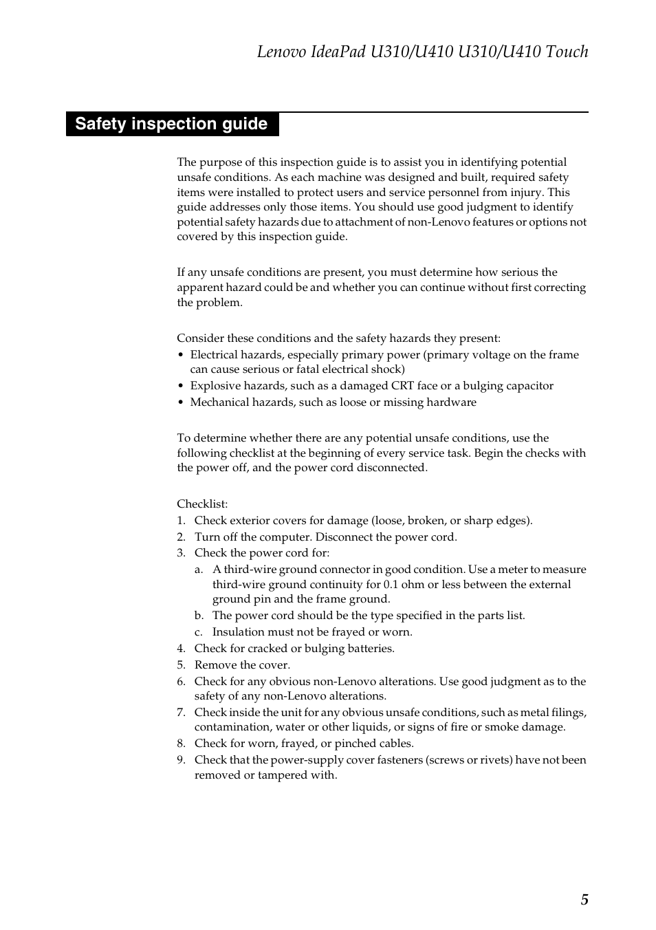 Safety inspection guide | Lenovo IdeaPad U310 User Manual | Page 9 / 115