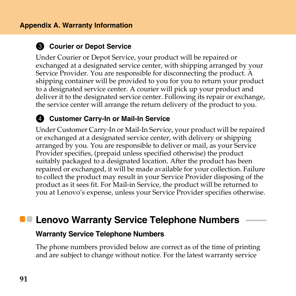 Lenovo warranty service telephone numbers, Lenovo warranty service, Telephone numbers | Lenovo IdeaPad U110 User Manual | Page 102 / 129