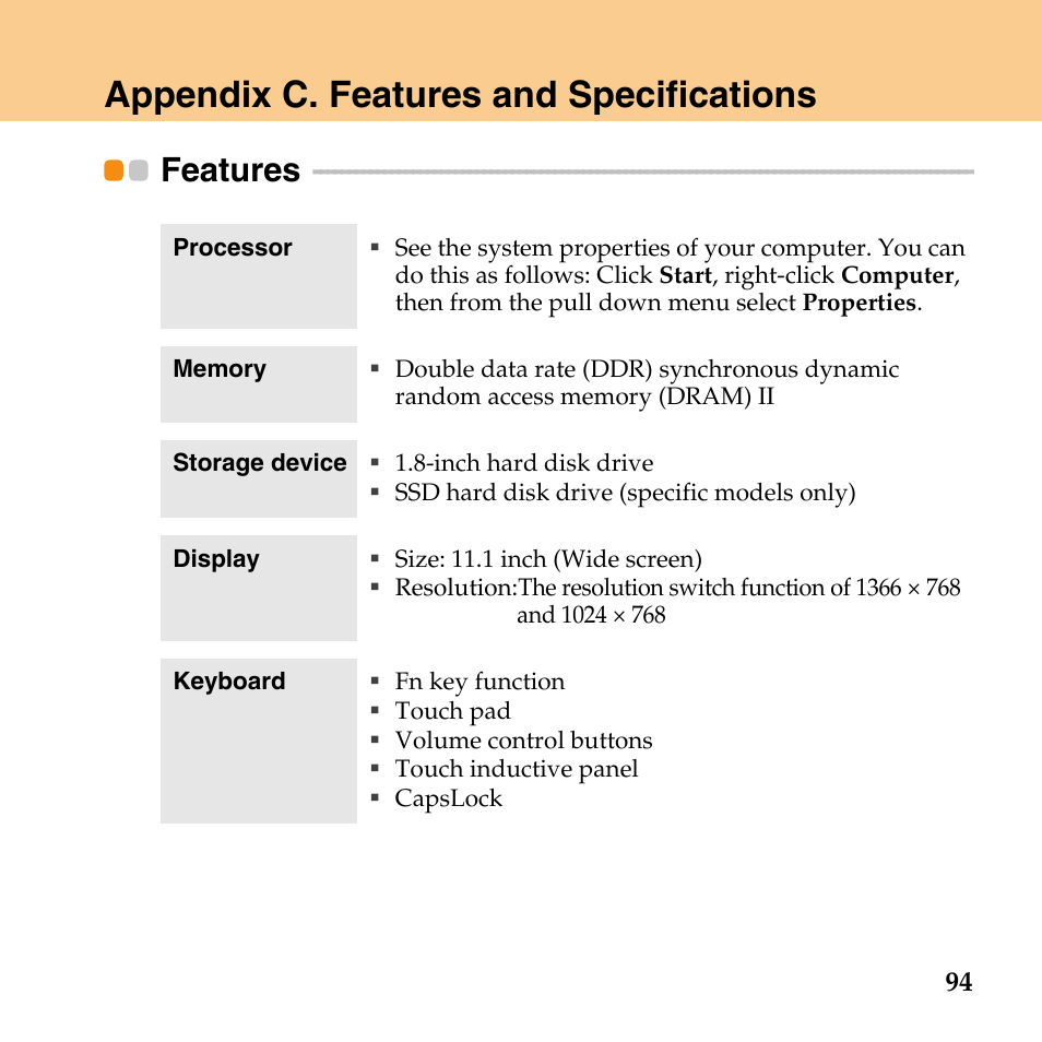 Appendix c. features and specifications, Features | Lenovo IdeaPad U110 User Manual | Page 105 / 129