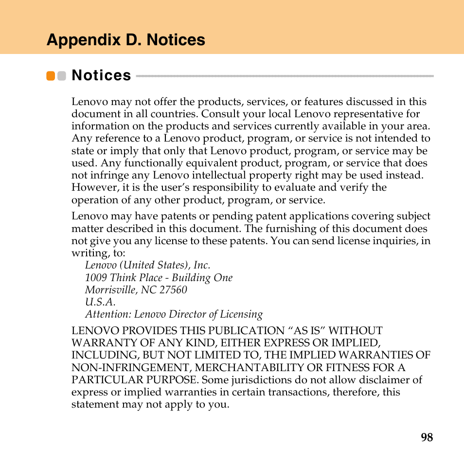 Appendix d. notices, Notices | Lenovo IdeaPad U110 User Manual | Page 109 / 129