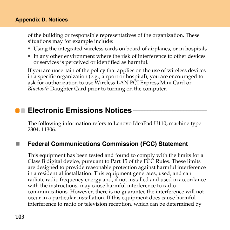 Electronic emissions notices | Lenovo IdeaPad U110 User Manual | Page 114 / 129