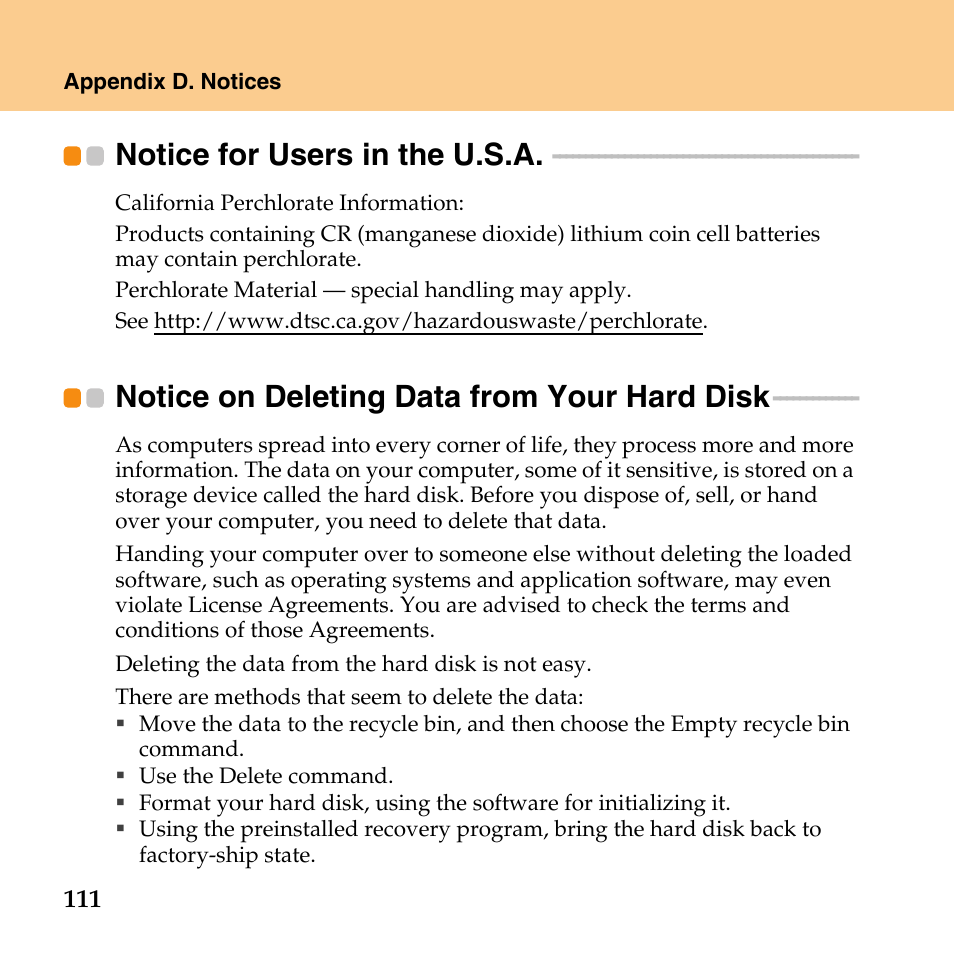 Notice for users in the u.s.a, Notice on deleting data from your hard disk, Notice for users in | The u.s.a, Notice on deleting data from, Your hard disk | Lenovo IdeaPad U110 User Manual | Page 122 / 129