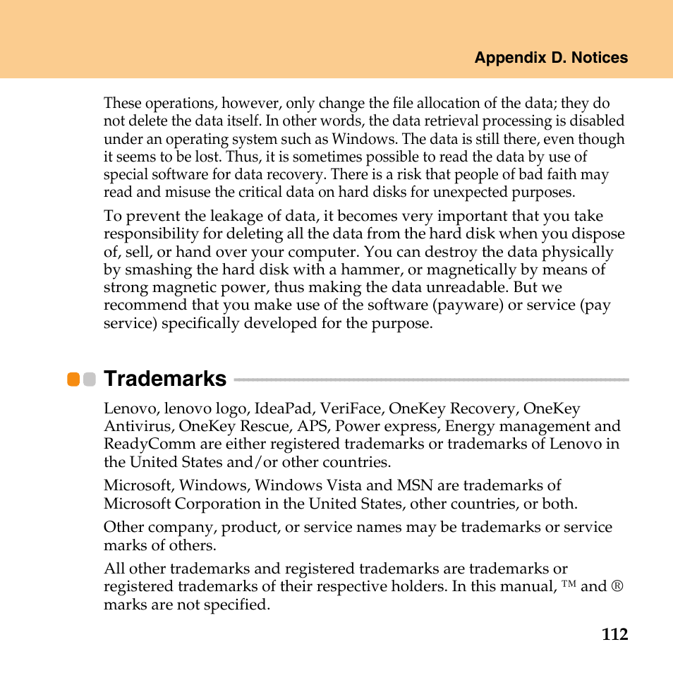 Trademarks | Lenovo IdeaPad U110 User Manual | Page 123 / 129