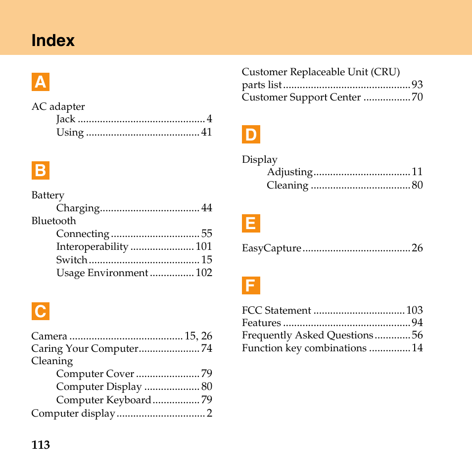 Index, Index a | Lenovo IdeaPad U110 User Manual | Page 124 / 129