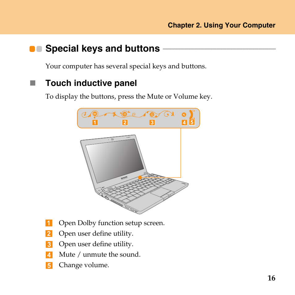 Special keys and buttons, Touch inductive panel | Lenovo IdeaPad U110 User Manual | Page 27 / 129