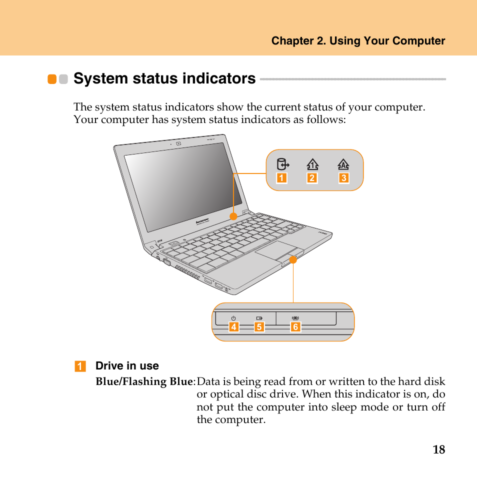 System status indicators | Lenovo IdeaPad U110 User Manual | Page 29 / 129