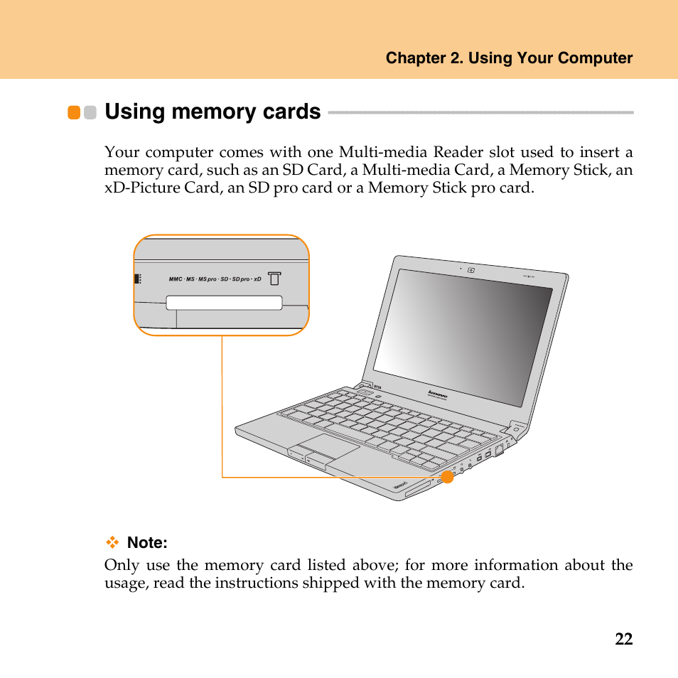 Using memory cards | Lenovo IdeaPad U110 User Manual | Page 33 / 129