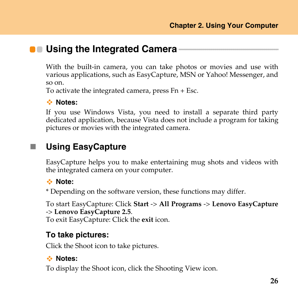 Using the integrated camera, Using easycapture | Lenovo IdeaPad U110 User Manual | Page 37 / 129