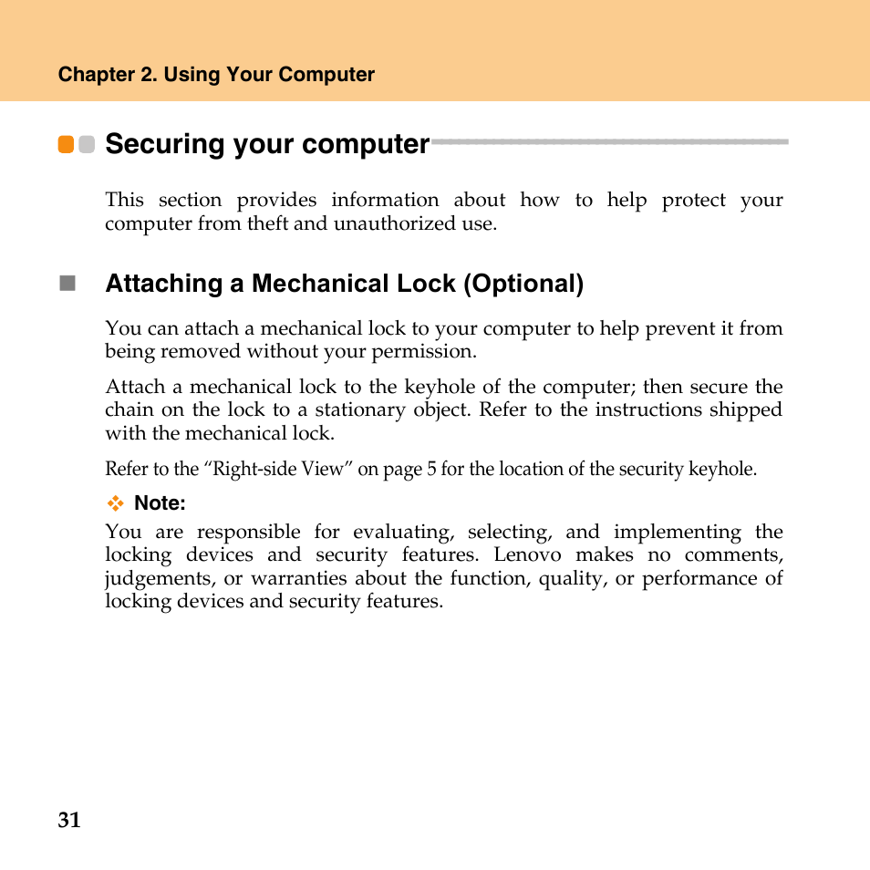 Securing your computer | Lenovo IdeaPad U110 User Manual | Page 42 / 129