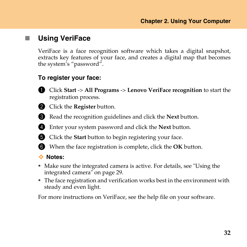 Using veriface | Lenovo IdeaPad U110 User Manual | Page 43 / 129