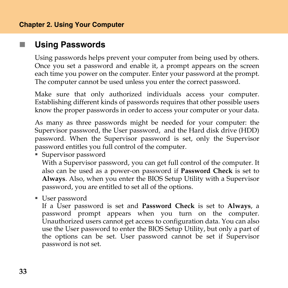 Using passwords | Lenovo IdeaPad U110 User Manual | Page 44 / 129