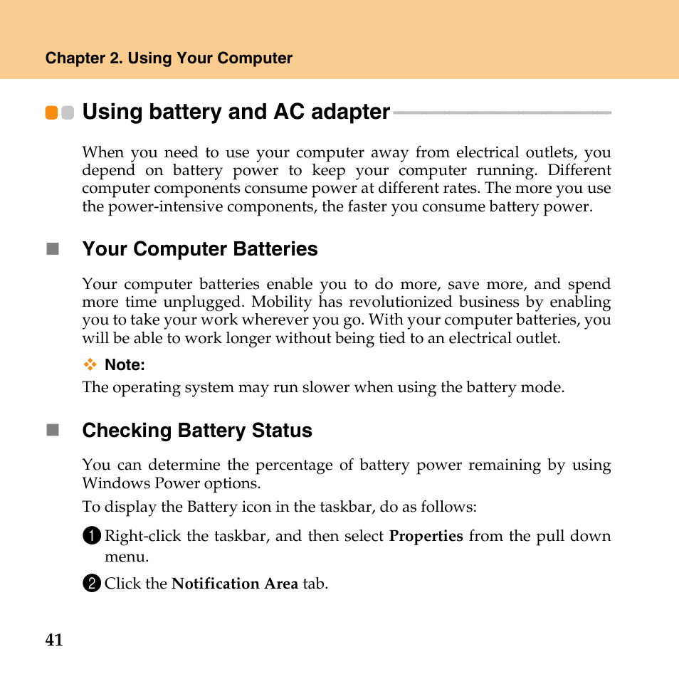 Using battery and ac adapter, Using battery and, Ac adapter | Lenovo IdeaPad U110 User Manual | Page 52 / 129