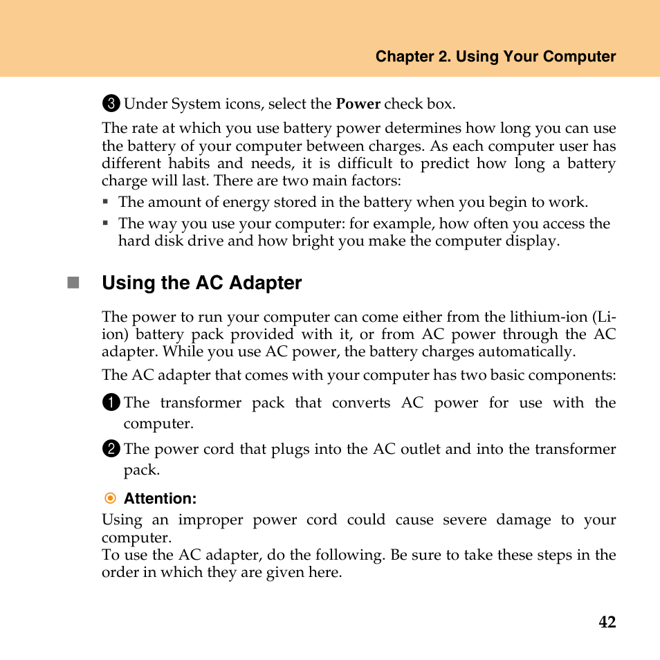 Using the ac adapter | Lenovo IdeaPad U110 User Manual | Page 53 / 129