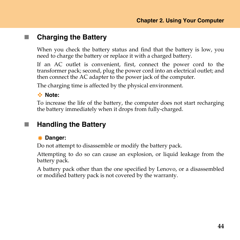 Charging the battery, Handling the battery | Lenovo IdeaPad U110 User Manual | Page 55 / 129