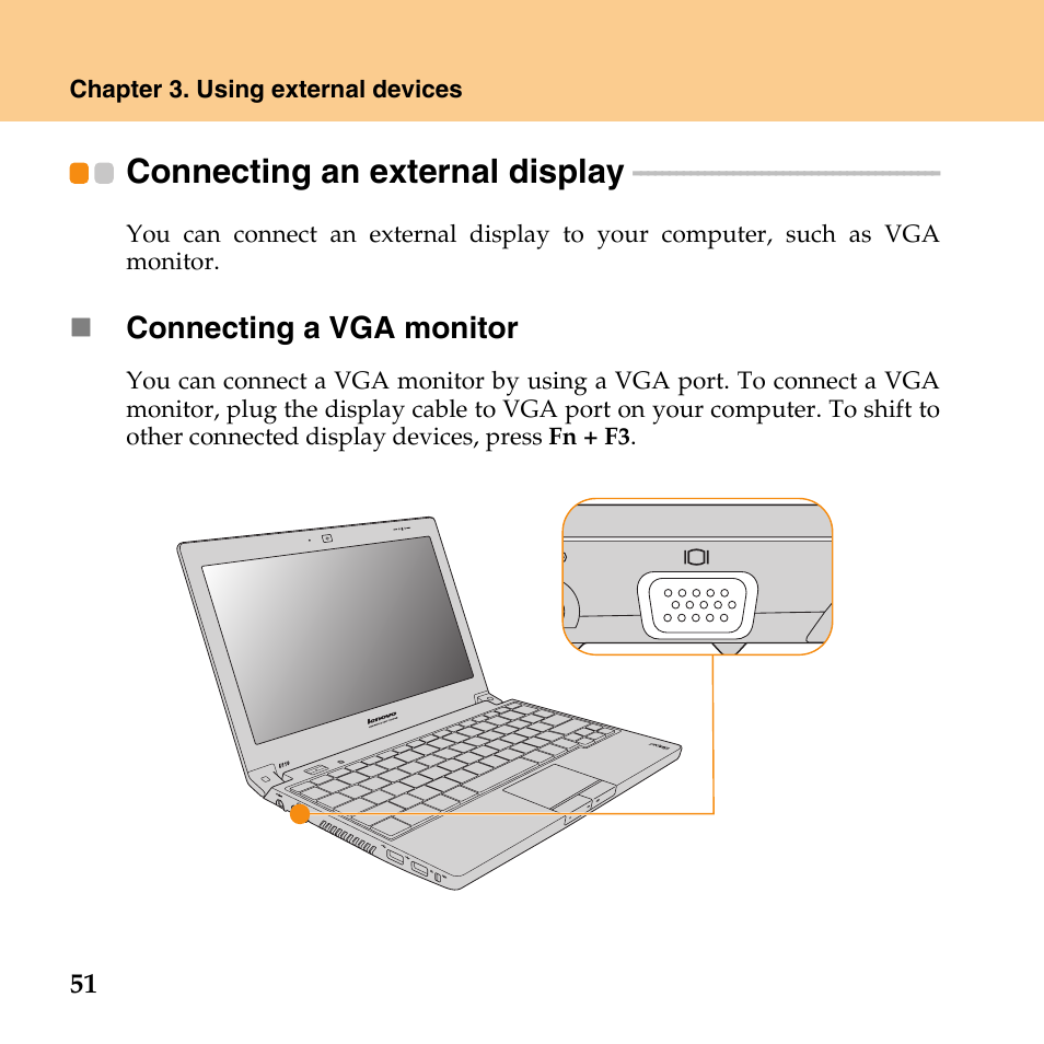 Connecting an external display, Connecting an external, Display | Lenovo IdeaPad U110 User Manual | Page 62 / 129