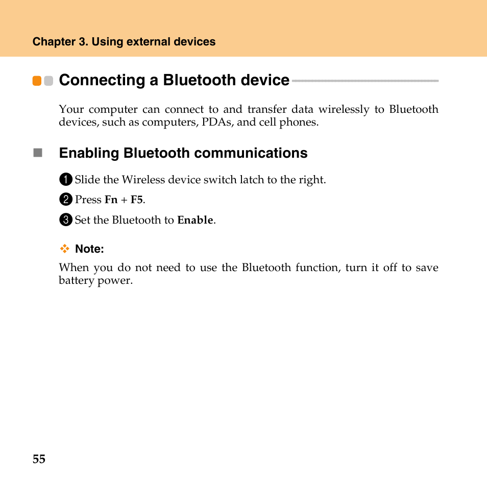 Connecting a bluetooth device, Connecting a bluetooth, Device | Lenovo IdeaPad U110 User Manual | Page 66 / 129