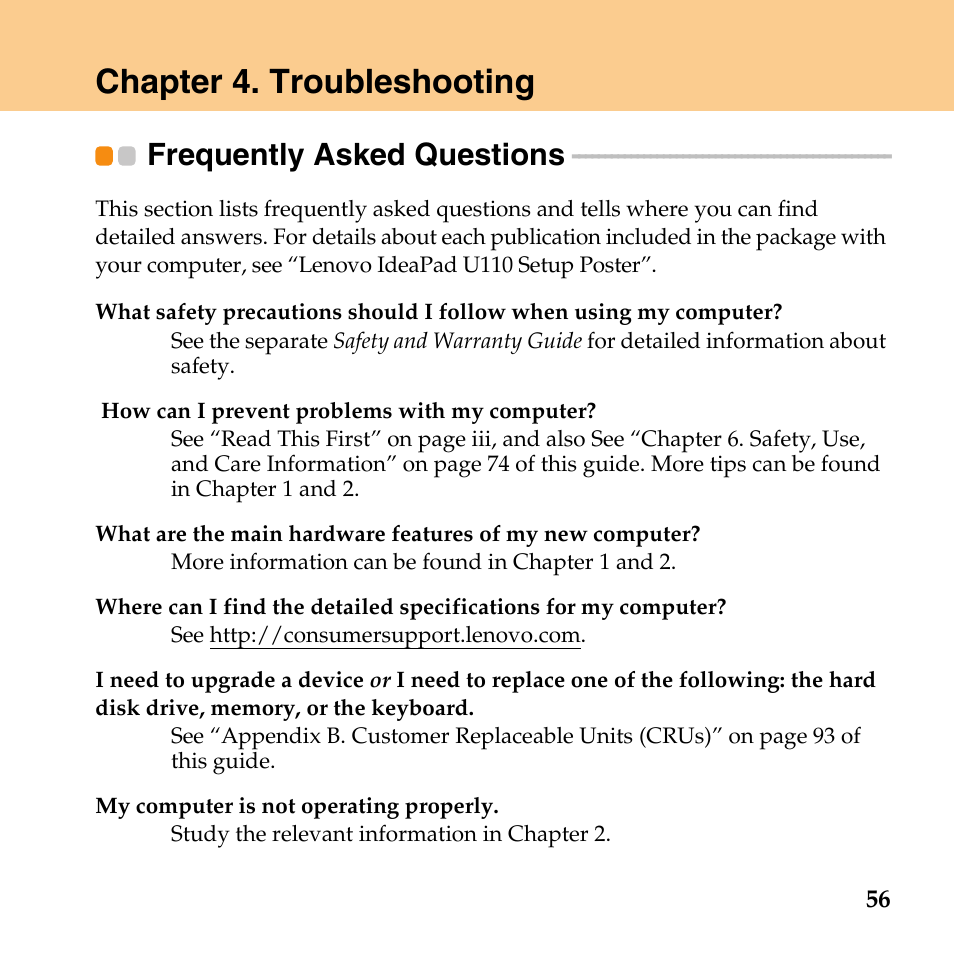 Chapter 4. troubleshooting, Frequently asked questions | Lenovo IdeaPad U110 User Manual | Page 67 / 129