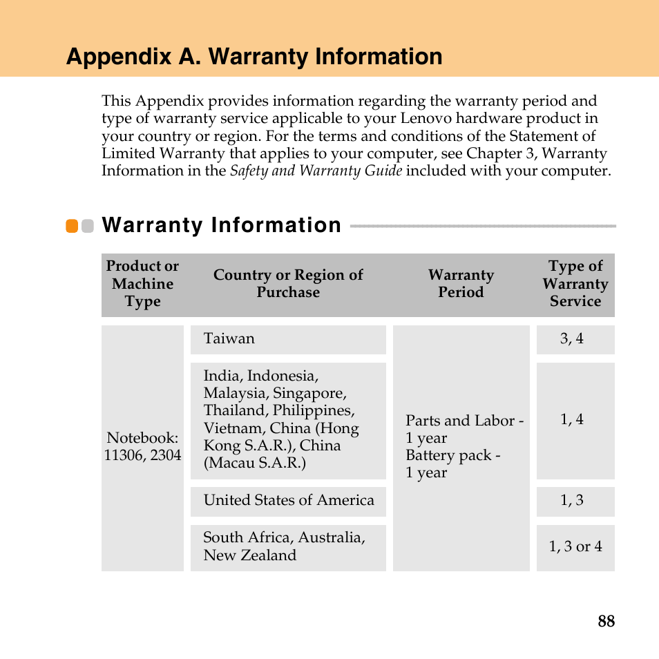 Appendix a. warranty information, Warranty information, See “appendix a | Lenovo IdeaPad U110 User Manual | Page 99 / 129