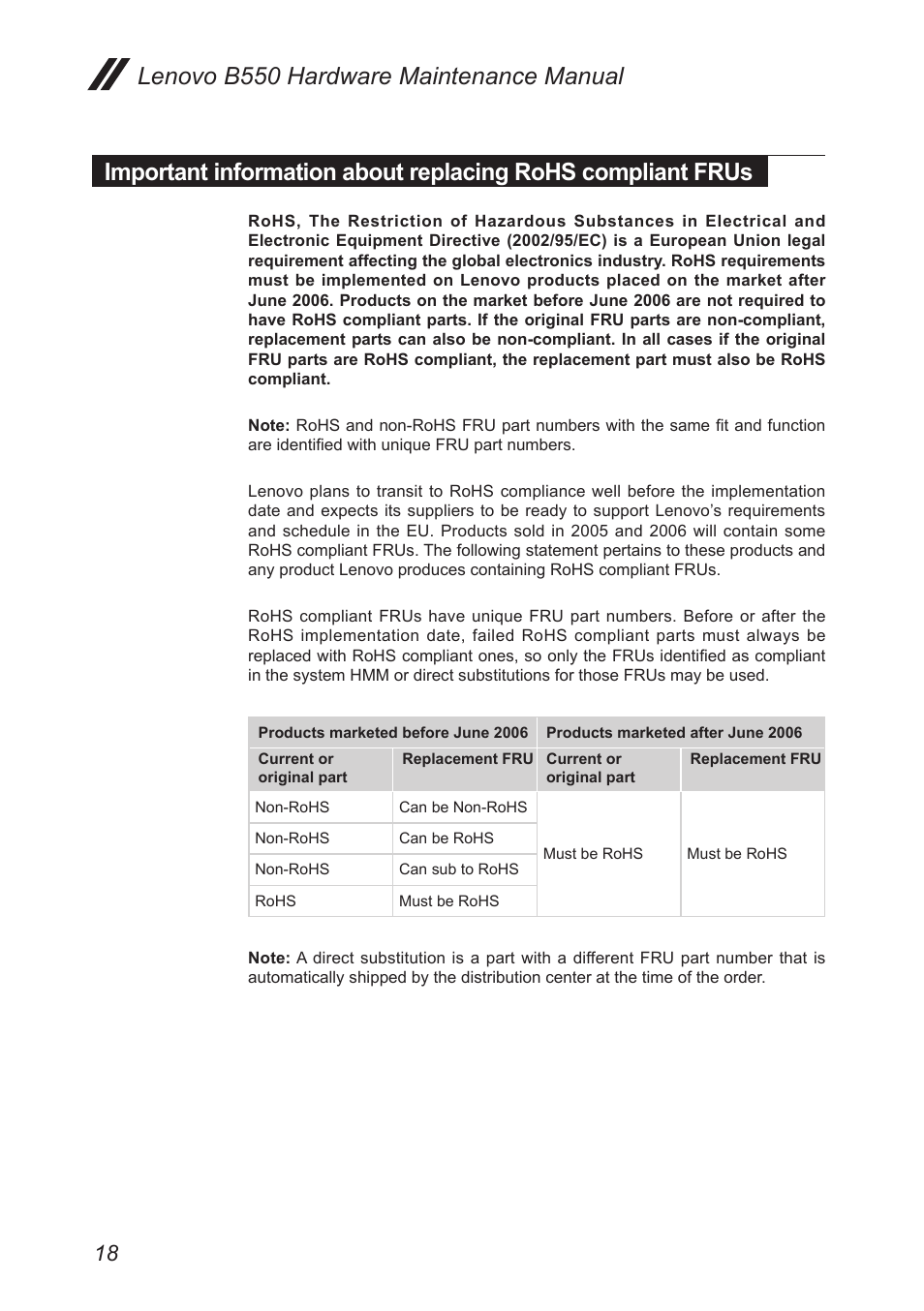 Important information about replacing rohs, Compliant frus | Lenovo B550 Notebook User Manual | Page 22 / 91