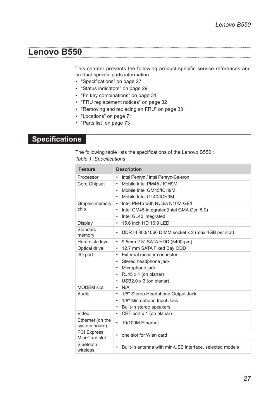 Lenovo b550, Specifications | Lenovo B550 Notebook User Manual | Page 31 / 91