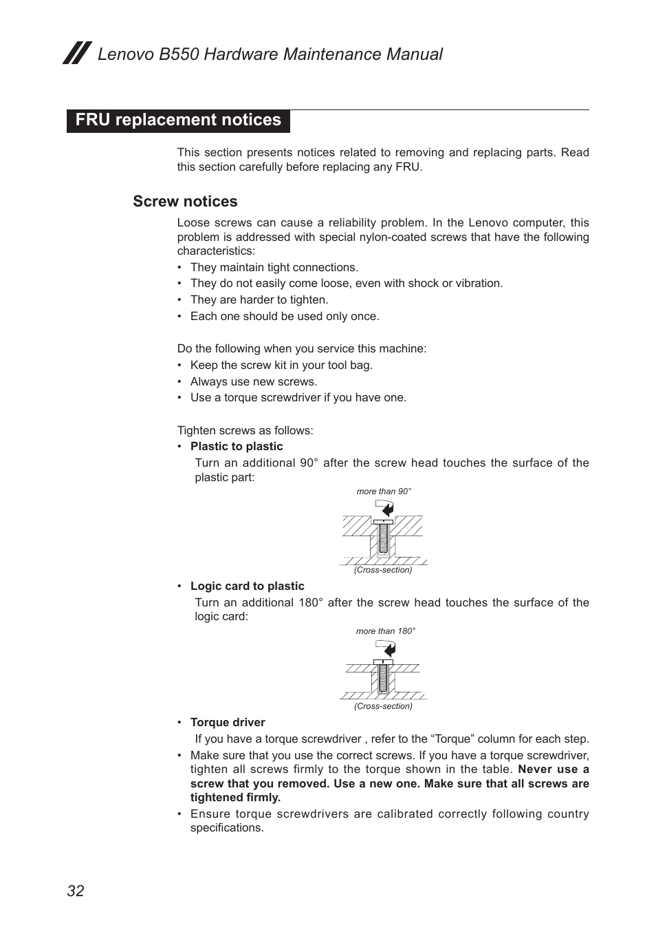 Fru replacement notices, Screw notices | Lenovo B550 Notebook User Manual | Page 36 / 91