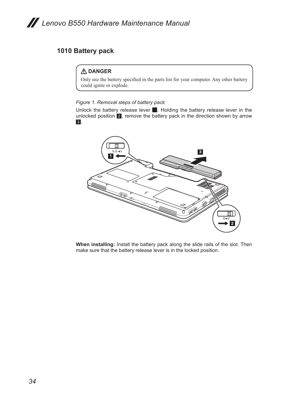 1010 battery pack, Lenovo b550 hardware maintenance manual | Lenovo B550 Notebook User Manual | Page 38 / 91