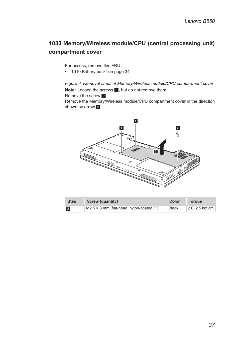 1030 memory/wireless module/cpu, Central processing unit) compartment cover | Lenovo B550 Notebook User Manual | Page 41 / 91