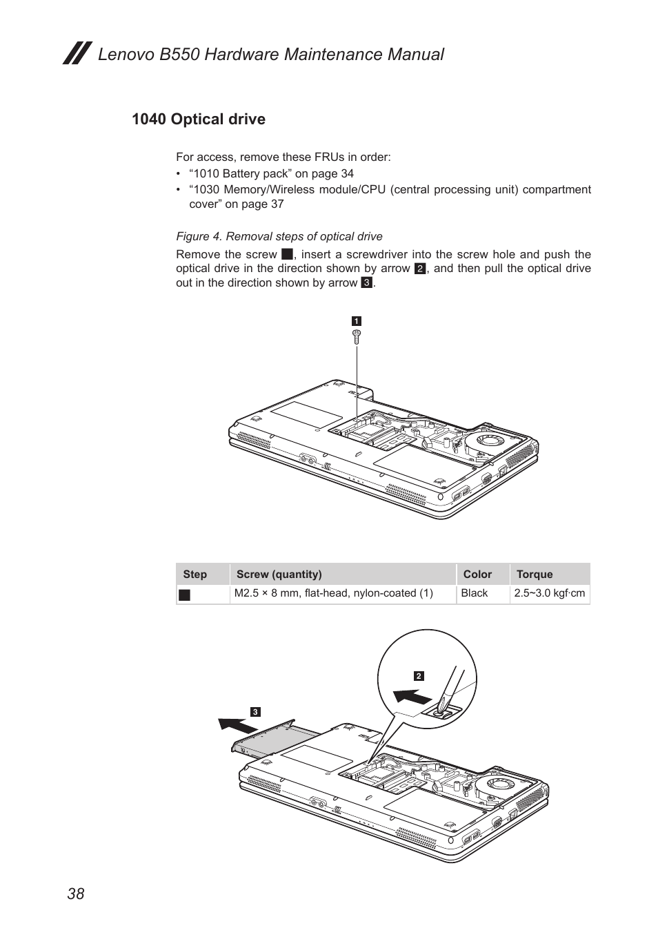 1040 optical drive, Lenovo b550 hardware maintenance manual | Lenovo B550 Notebook User Manual | Page 42 / 91