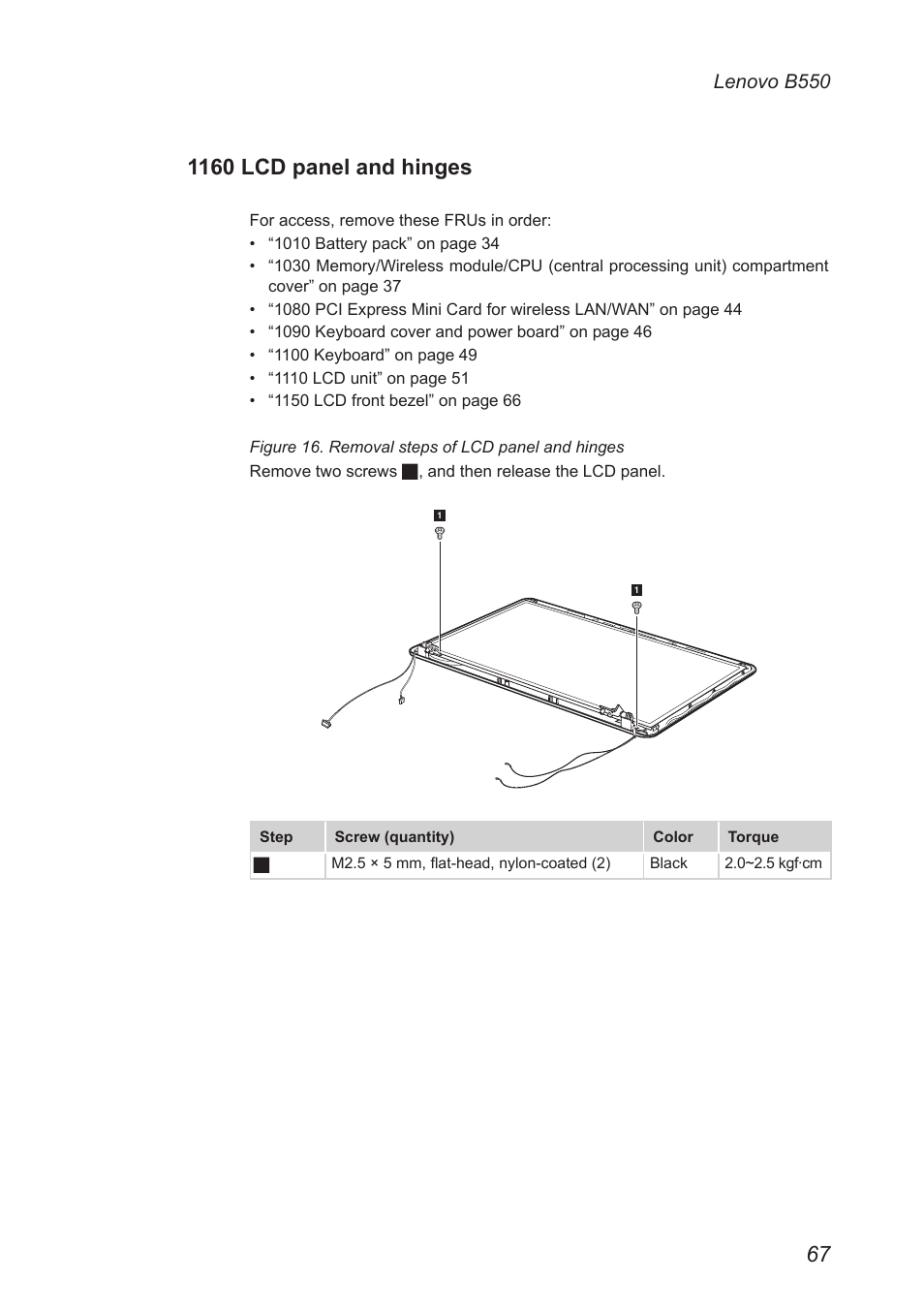 1160 lcd panel and hinges, Lenovo b550 | Lenovo B550 Notebook User Manual | Page 71 / 91