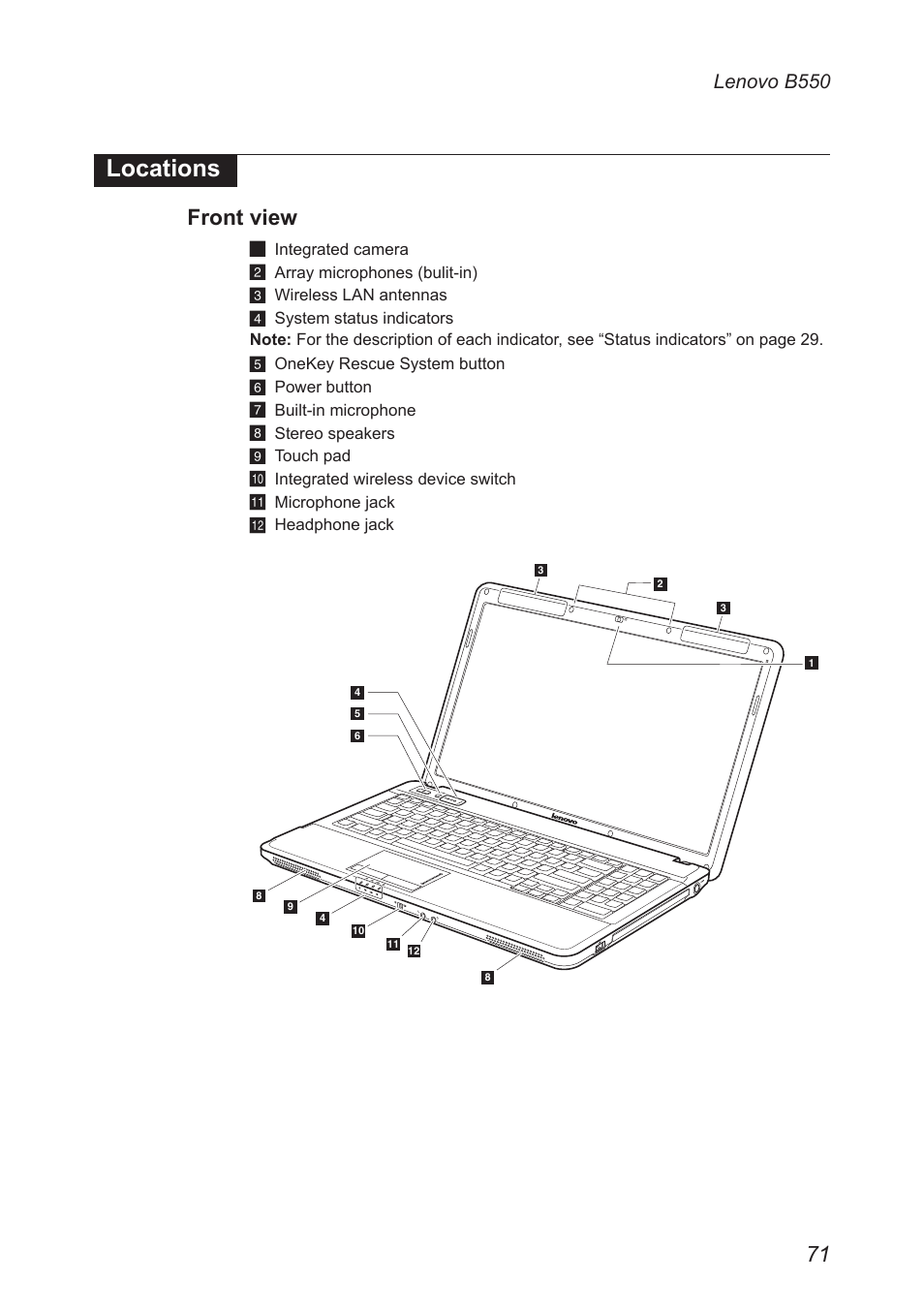 Locations, Front view, Lenovo b550 | Lenovo B550 Notebook User Manual | Page 75 / 91