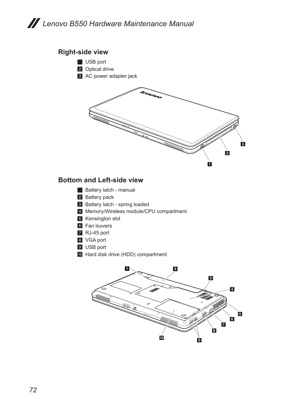 Right-side view, Bottom and left-side view, Lenovo b550 hardware maintenance manual | Lenovo B550 Notebook User Manual | Page 76 / 91